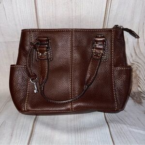 Fossil Genuine Brown Leather Handbag Purse 3 Compartments Pockets Key Charm